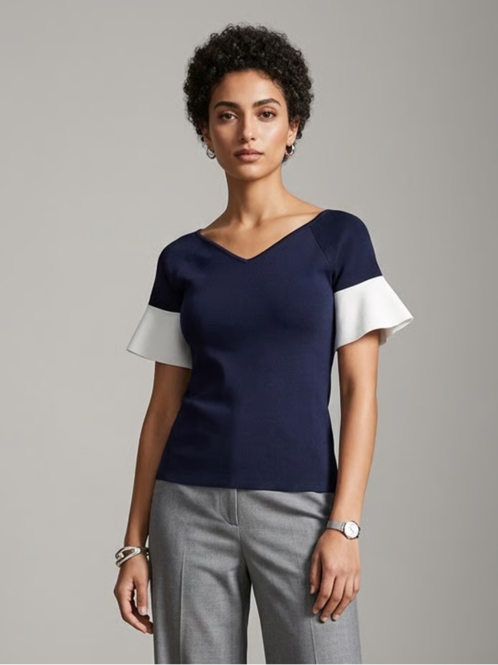 ANN TAYLOR | Navy Blue Bell Short Sleeve Stretchy Blouse Sz SP